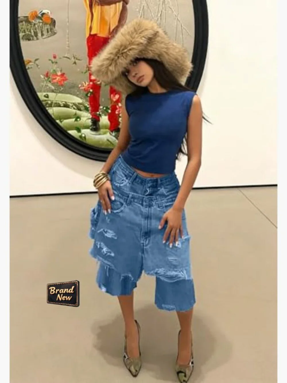 Baggy High Waist Ripped Denim Shorts Y2k Cargo Jorts Wide Leg Bermuda